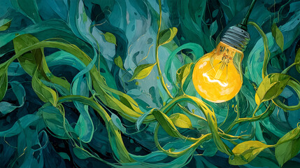 Glowing Light Bulb Surrounded by Abstract Green Vines and Leaves