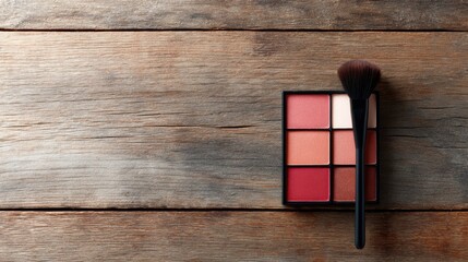 A beautifully arranged makeup palette with a soft blush brush on rustic wooden background, illustrating the perfect combination for your beauty essentials and artistry.