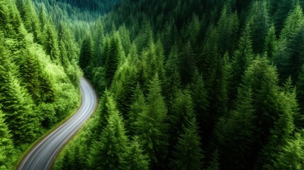 A breathtaking aerial capture of a curvy road winding through tall, lush green trees, showcasing the majesty and beauty of a thriving forest landscape inviting exploration.