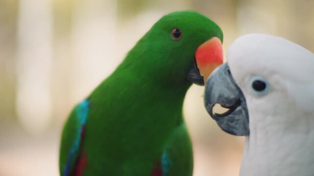 Close-up of a male Eclectus parrot and white cockatoo