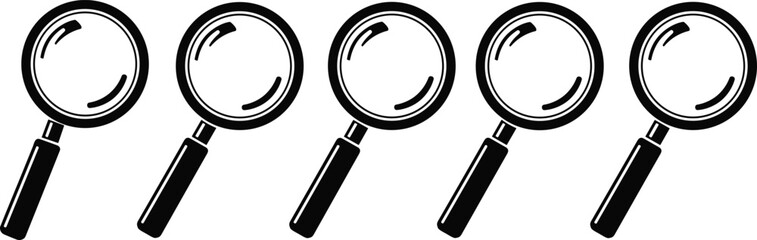 Row of Black and White Magnifying Glass Icons, Search and Focus Symbol Vector, Inspection Tool, Find, Look, Investigation Concept
