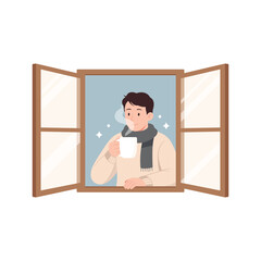 A man drinking hot coffee while looking out an open window. Cozy winter atmosphere with warm clothes and scarf. Flat vector illustration.