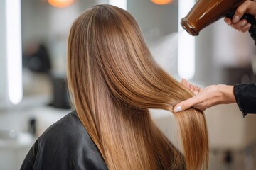 Fototapeta premium Woman with long, shiny, straight brown hair is sitting in the salon chair while her professional stylist dries it with a blow-dryer. Beautiful hairstyle. Close-up of hair styled with an electric dryer