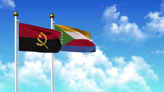 Waving flags of ANGOLA and COMOROS on pole included with alpha channel