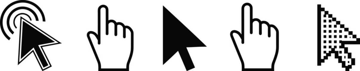 Collection of Black and White Vector Cursor Icons, Hand Pointer, Click Arrow, Pixelated and Tapping Mouse Symbols Set