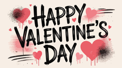 Happy valentine s day greeting with hand drawn black lettering and pink watercolor hearts and splatters on a light background conveying love and celebration