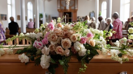 A gathering of friends and family inside a peaceful church, surrounded by stunning floral displays. The atmosphere is filled with remembrance and love for the departed