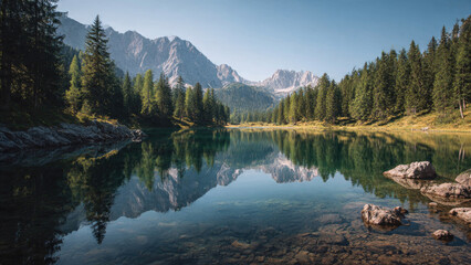 A breathtaking alpine lake perfectly reflects majestic mountains and dense pine forests under a clear sky, showcasing nature's serene beauty.