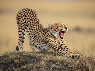 Naklejka premium A magnificent cheetah captured mid-stretch, showcasing its powerful form and wide yawn on a savanna mound