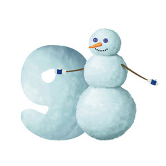 Drawn snowy bold sign, winter number in kids style. Snowman and number 9