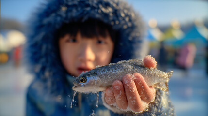 Boy's Winter Catch Experiencing the Thrill of the Pyeongchang Trout Festival in South Korea amidst Snowy Fun and Festivities