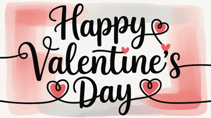 Happy valentines day handwritten calligraphy with pink watercolor background and small red hearts a romantic greeting for couples and loved ones celebrating this special occasion