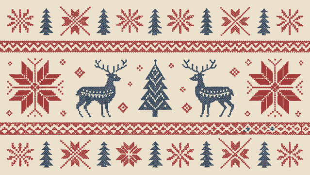 Festive winter holiday knitted pattern featuring reindeer, trees, and snowflakes for a cozy Christmas atmosphere