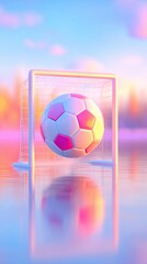 Fototapeta premium Soccer Ball Goal: A vibrant soccer ball suspended within a net, with dreamlike soft colors reflected in the water, capturing the essence of sports and leisure.