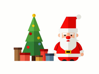 Flat vector illustration of Santa Claus standing next to a decorated Christmas tree with presents underneath, isolated on a white background.