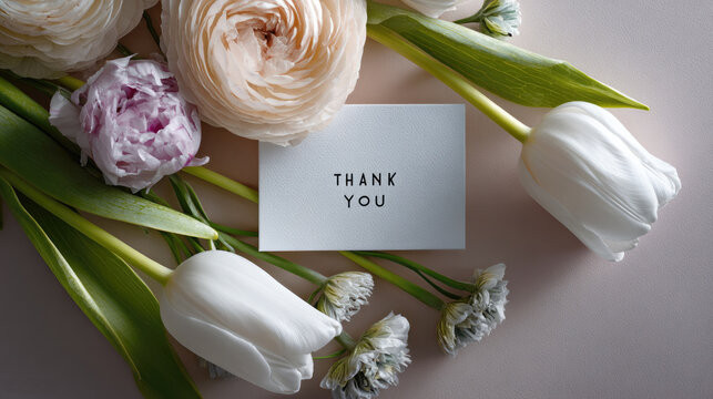 Thank you card with white tulip, peony, and ranunculus flowers on pastel background, expressing gratitude and elegance