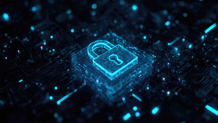 A glowing blue padlock on a futuristic digital circuit board represents robust cybersecurity, data protection, and secure network infrastructure.
