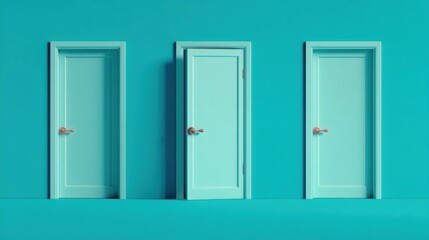 Three doors with brass handles embedded in teal walls, arranged in a row,