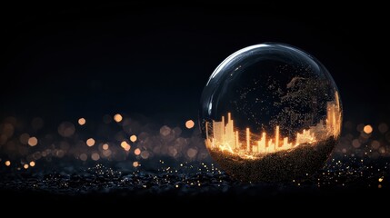 Globe Global Business and Economy Globe with dynamic business visualizations and market data, dark background, representing the interconnected global economy