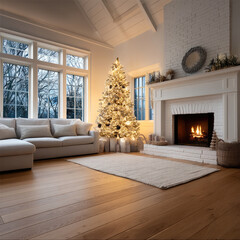 Naklejka premium Cozy living room with Christmas tree white sofa fireplace wooden floor large windows winter warm light holiday decor