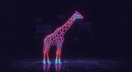 Fototapeta premium Cyber Giraffe In Darkspace - Neon giraffe in dark cyberspace, symbolizing evolution, technological advancement, innovative spirit, abstract concept, and futuristic design