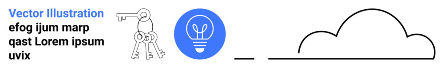 Innovation, security, cloud computing, data storage, creativity, technology. Blue light bulb icon, keys and cloud line art. Innovation and security through icons and symbols