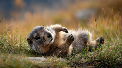 Fototapeta premium A cute groundhog on a festive spring day. Groundhog Day. A groundhog with fluffy fur. Landscape view.