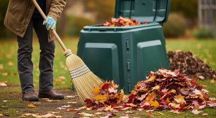 Gardener working on ecology with fall leaves and composting bin outdoors. Gardener gathers colorful foliage, preparing for composting, while wearing gloves and using broom.