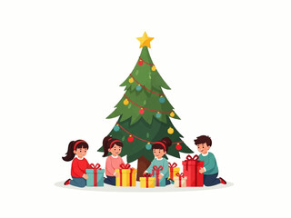 Four children sit around a Christmas tree with presents, celebrating the holiday season with joy and anticipation.