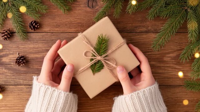 Handmade Christmas gift in eco style with twine and fir branch, held by person in knitted sweater. Wooden table with pine cones and fir branches. Natural and cozy holiday mood.