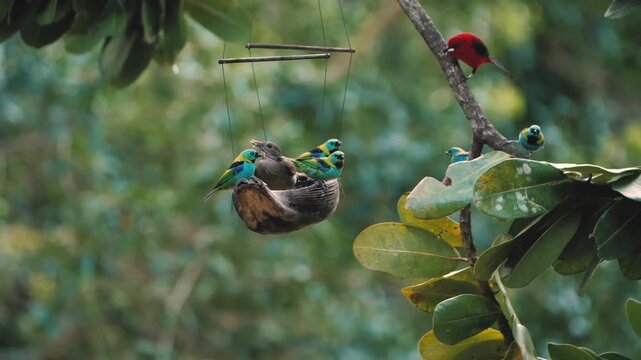 The green-headed tanagers and Scarlet tanger by a feeder on a tree