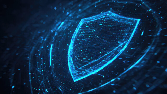 Gleaming blue digital shield emblem against an intricate data background, representing advanced cybersecurity, data protection, and network security. - Powered by Adobe