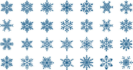 Hand-Drawn Blue Snowflake Vector Set, Scribble Style Winter Ice Crystal Collection, Rustic Christmas Holiday Graphic Elements for Seasonal Decoration and Backgrounds.