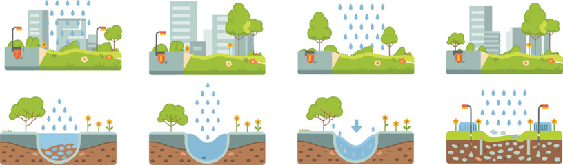 Fototapeta premium Urban rainwater harvesting and groundwater infiltration system icons, city drainage and water management process, sustainable environment engineering vector illustration
