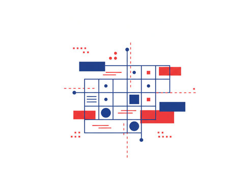 Abstract Grid Layout Blueprint Design System Blue Red Geometric Illustration