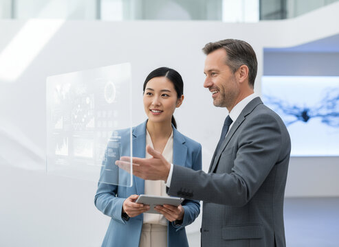 Business Executives Reviewing Data on Futuristic Holographic Display Technology