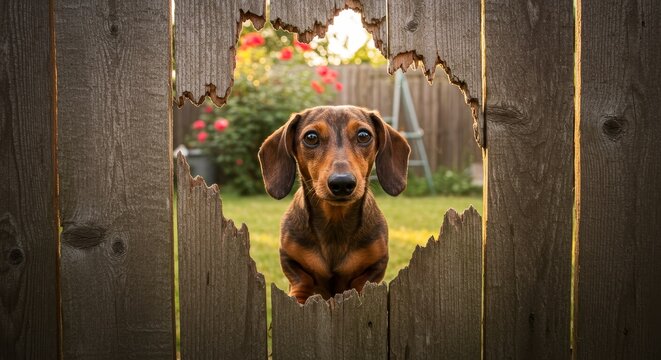 Dachshund Dog Peeking Through Wooden Fence Hole - A curious dachshund peeks through a hole in a wooden fence, symbolizing curiosity, playfulness, mischief, home, and discovery