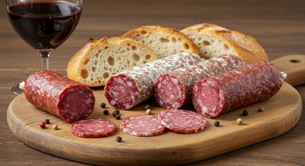 Delicious Salami and Bread with Red Wine - An assortment of flavorful salami and crusty bread served with a glass of red wine on a wooden board