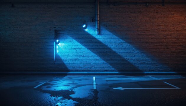 Rays blue light on brick wall.  Empty scene.  Neon reflections on wet asphalt