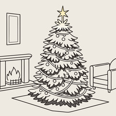 Christmas tree vector with cozy decorated tree in a warm room, suitable for holiday greeting cards, social media posts.