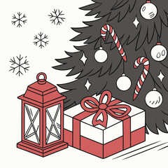 Christmas tree vector with festive scene, presents, lanterns, snowflakes, candy canes. Perfect for holiday marketing materials, greeting cards, and decorations.