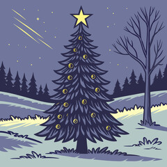 Decorated christmas tree in snowy winter forest. Festive vector illustration for holiday cards, invitations, winterthemed designs, and festive packaging.