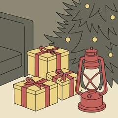 Christmas tree with gifts and lamp indoor in festive scene suitable for holiday greetings cards, social media posts, and website banners.