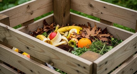 Compost bin full of organic waste for recycling in garden, with apple, banana, and orange peels. This compost bin keeps kitchen scraps and garden refuse, promoting decomposition.