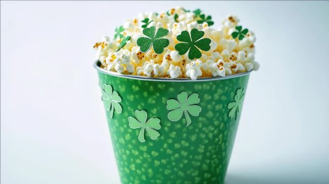 A festive cupcake with green cupcake wrapper, shamrock design and popcorn and candy coins as a treat for St Patrick's Day celebration.