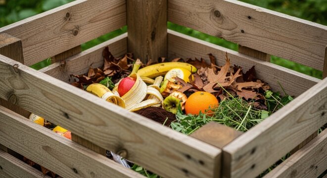 Compost bin full of organic waste for recycling in garden, with apple, banana, and orange peels. This compost bin keeps kitchen scraps and garden refuse, promoting decomposition. - Powered by Adobe
