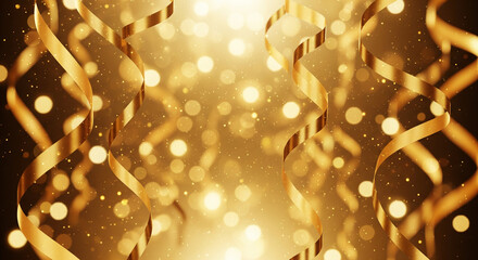 Golden ribbon streamers with bokeh background