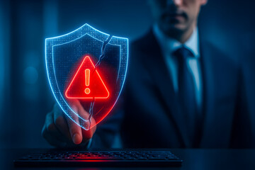 Cybersecurity breach concept with cracked digital shield and warning alert