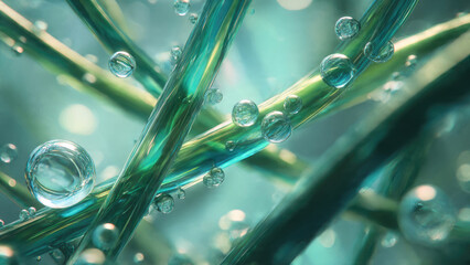 Macro shot of vibrant green-teal translucent fibers adorned with glistening water droplets, creating a fresh, clean, and microscopic biological aesthetic.