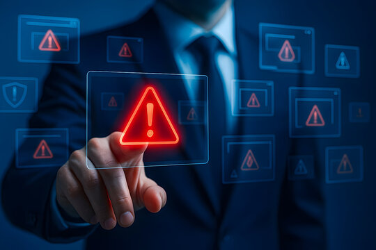 Businessman pressing digital warning alert icon on cybersecurity interface